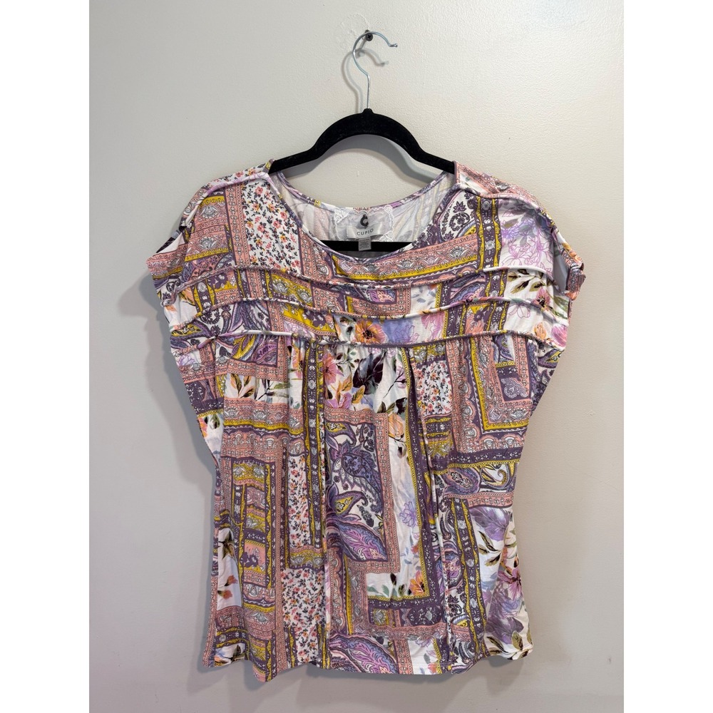 Cupio Women XL Patchwork Paisley Floral Ruffle Scoop Neck Short Sleeve Purple